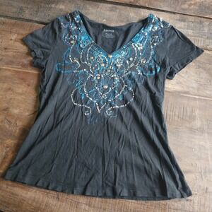 2000s Express Black Graphic T-Shirt Small Blue Sequin Studded V-Neck Cotton Tee
